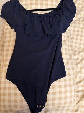 J. Crew Navy Blue Off-Shoulder Ruffle Bodysuit